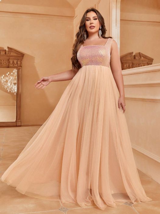 Sukienka Tiulowa Rozkloszowana Beżowa Wieczorowa Cekinowa Xxl 44