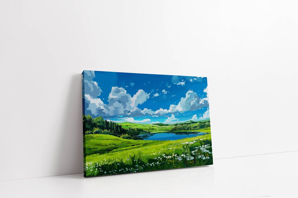 Obraz na płótnie "Łąka nad jeziorem" 80x60 cm - malowniczy krajobraz