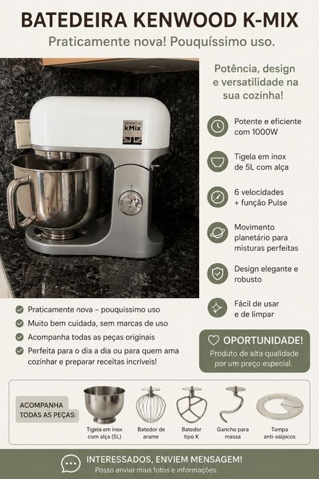 Kenwood kMix – Batedeira Planetária | Como Nova | Com Todos os Acessórios