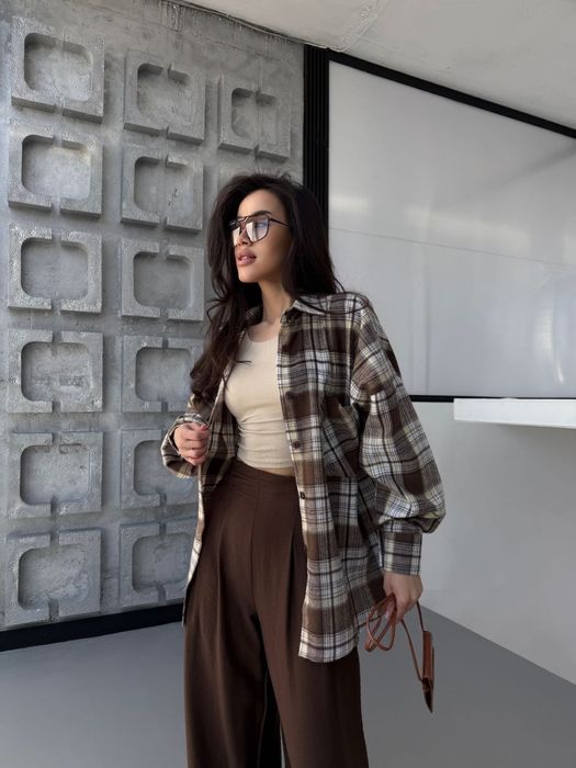 Сорочка фланель клітинка брюки льон Бохо костюм