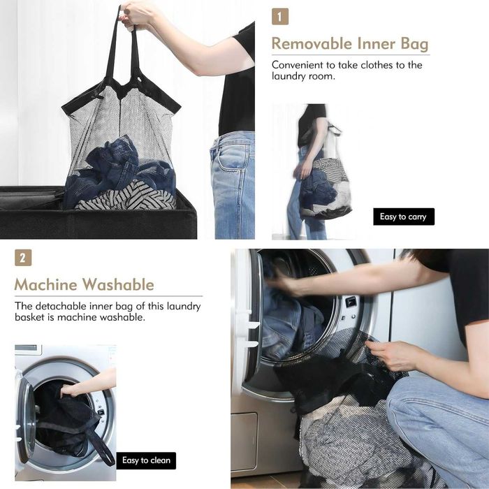150L Podwójny kosz na pranie z pokrywą i workami na pranie czarny