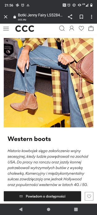 Botki KOWBOJKI Jenny Fairy 41 camel CCC buty zamszowe