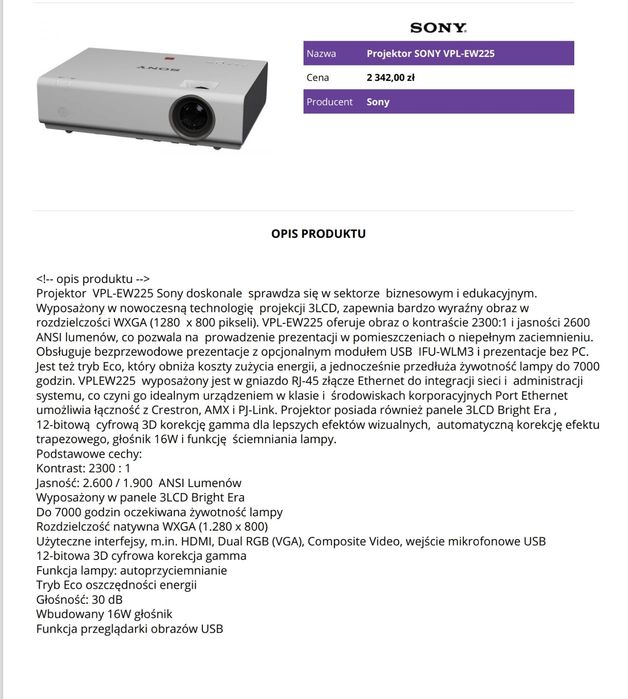 Projektor Sony Vpl-ew225