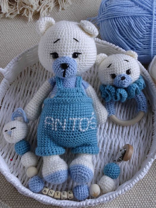 Miś na szydełku + grzechotka + zawieszka do smoczka - HANDMADE