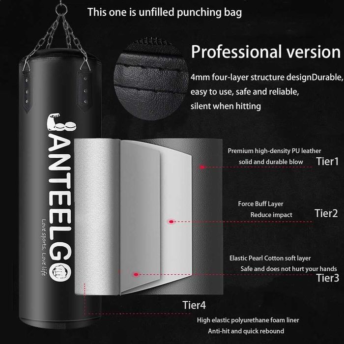 Worek bokserski wiszący 100 cm – niewypełniony + Akcesoria