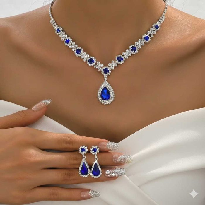 Komplet zestaw naszyjnik z kryształami kropla wody kolczyki niebieski
