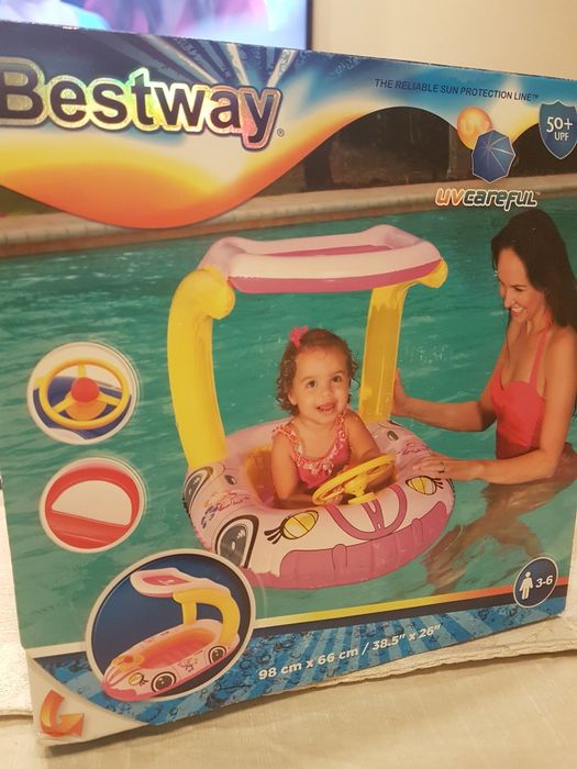 Pływający dmuchany  samochodzik różowy łódka z daszkiem Nowy