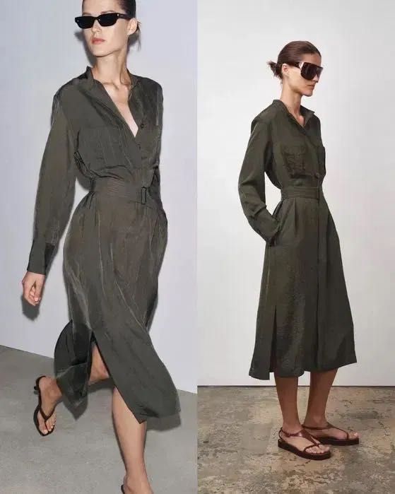 Сукня сорочка міді ZARA хакі під пояс довгий рукав платье хаки базовое