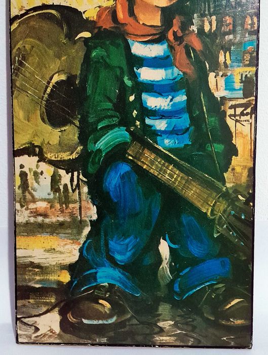 Quadro impressão dos anos 70 "Le Guitariste" em bloco de madeira
