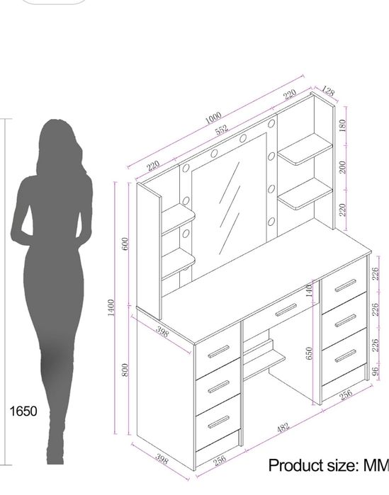 Penteadeira com espelho, luzes LED, 7 gavetas e prateleiras para guardar seus pertences. Ideal para quarto e closet.