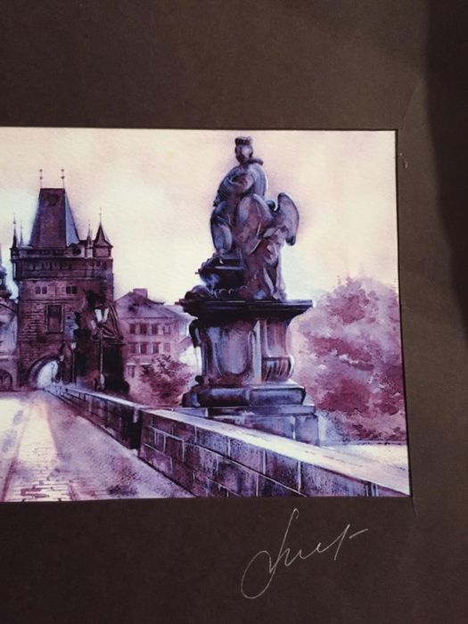 “Vista de Praga”. Aguarela sobre papel, Assinatura no passe-partout.