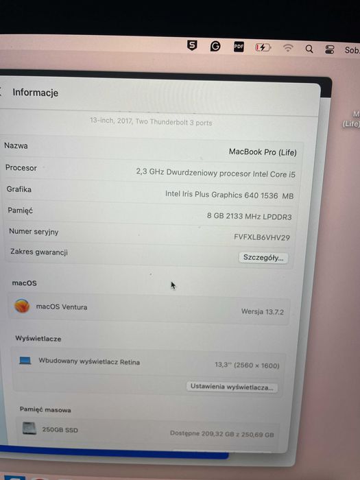 MacBook Pro 13" 2017 | i5 2.3 GHz | 8 GB RAM | 256 GB SSD | BDB