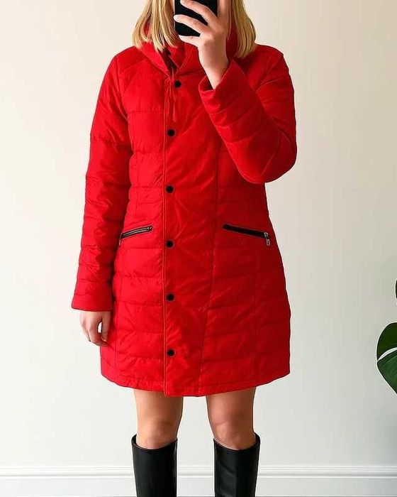 Czerwona długa pikowana puchowa kurtka jesienno zimowa Monnari M/L