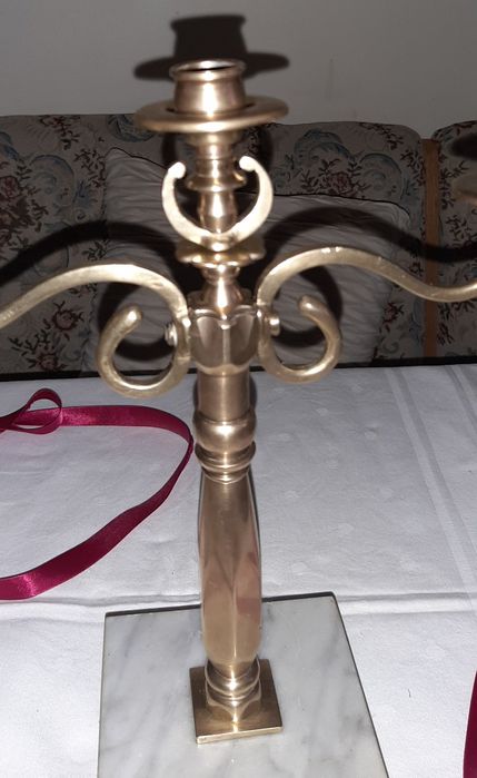 Kandelabr trójramienny / świecznik trójramienny mosiądz z marmurową po