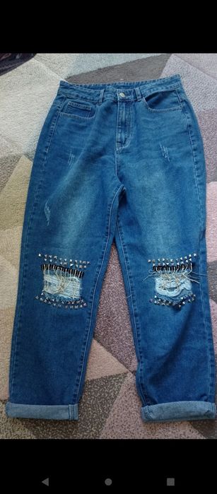 Rewelacyjne mega modne jeansy wysoki stan nowe L ozdoby