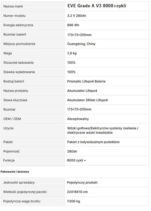 Akumulator, ogniwo EVE 280AH EVE Grade A V3 LF280K LiFePO4  x 4 szt.