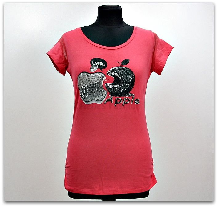 Koralowa Bluzka T-Shirt Moschino Cyrkonie Jabłka S/36
