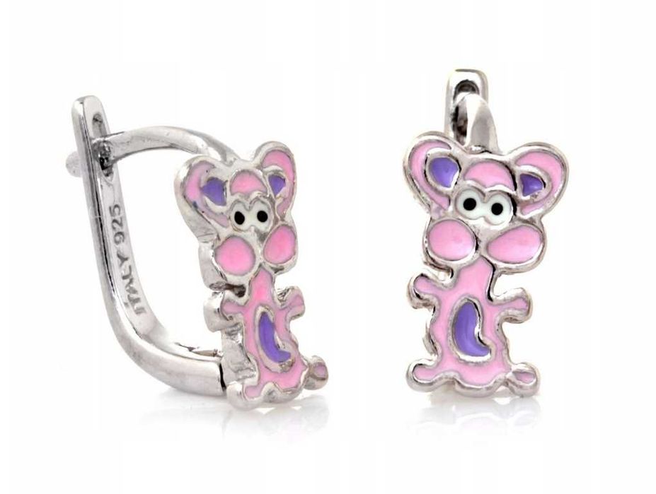 Srebrne kolczyki z RÓŻOWĄ MYSZKĄ DLA DZIEWCZYNKI srebro p.925