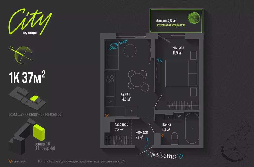 1-кімнатна квартира у ЖК City by blago