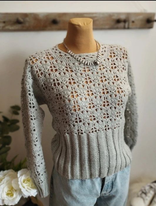 SWETER ażurowy ręcznie robiony oversize SZARY MUST HAVE r S/M