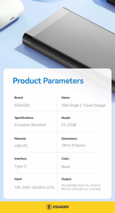 Швидка Зарядка Essager 25W для Самсунг/Айфону USB C iPhone 17 16 15 Pro Max Xiaomi Oneplus Xiaomi Samsung