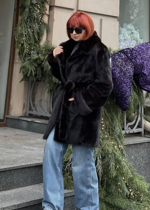 Шуба  норкова автоледі з англійським воротом 80 см р.48-50