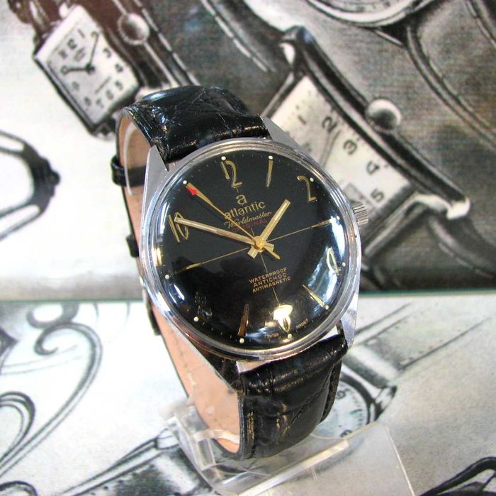 Zegarek Atlantic Worldmaster Original Czarny 17 Jewels Ładny stan Pasek Swiss Lata 70.
