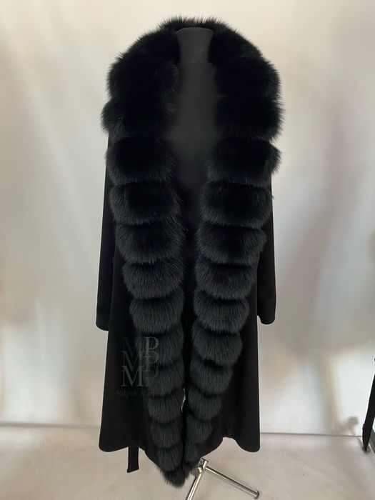 Жіноче чорне кашемірове пальто з натуральним хутром песця, 42-54 рр
