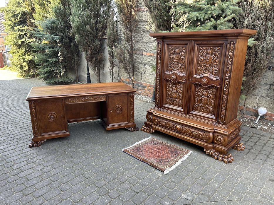 Stylowa Biblioteka Szafa + Biurko Lwie Łapy Noerenesans Po Renowacji