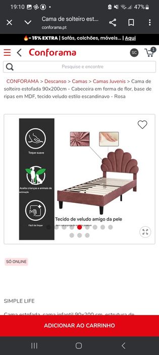 Cama de solteiro estofada 90x200 – veludo tom avermelhado (NOVA)