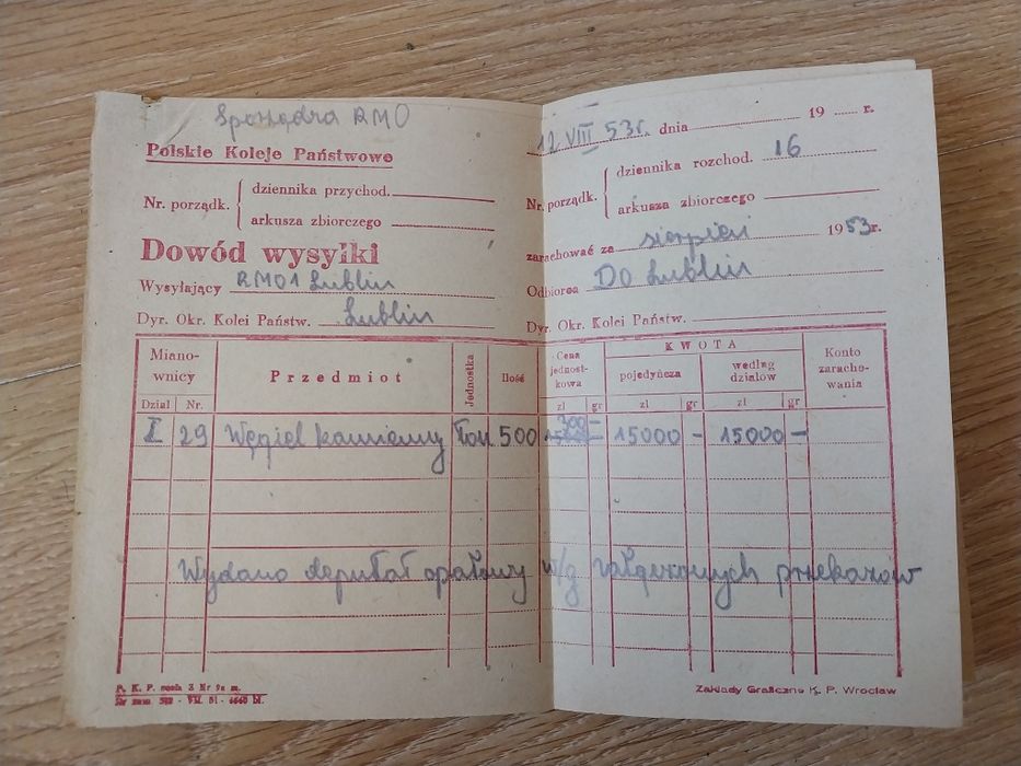 Dowod wysyłki PKP z czasów prl-u