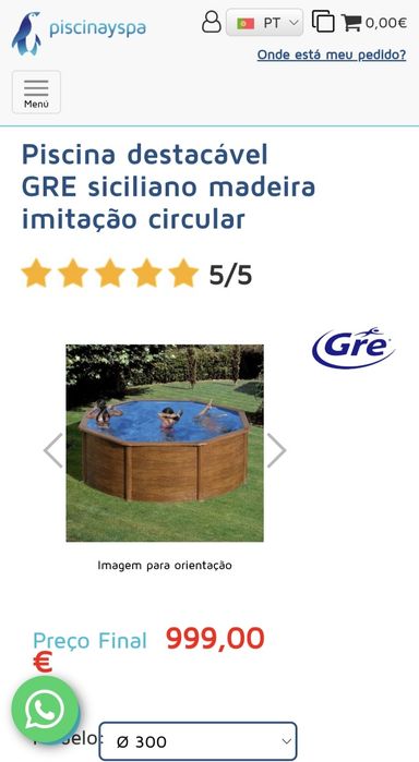 Piscina GRE siciliano madeira imitação circular
Modelo:Ø 300
Altura 120 cm.
Liner em PVC azul 30/100 com tratamento anti-UV.


PVP: 999,00 €