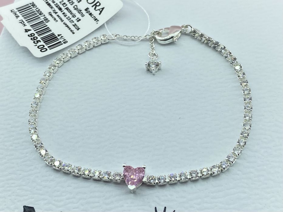 Оригінальний срібний браслет Pandora Рожеве серце Pave Бірка/пломба