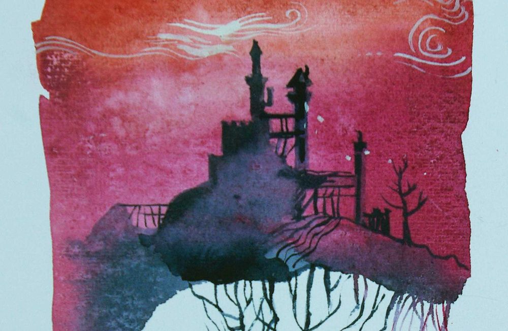 Aguarela original de Carlos Marques. Fantasia, surreal, Castelos