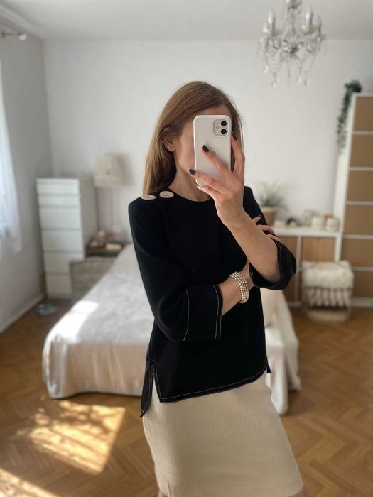 Zara bluzka czarna elegancka perłowe kremowe guziki rękaw 3/4 S 36