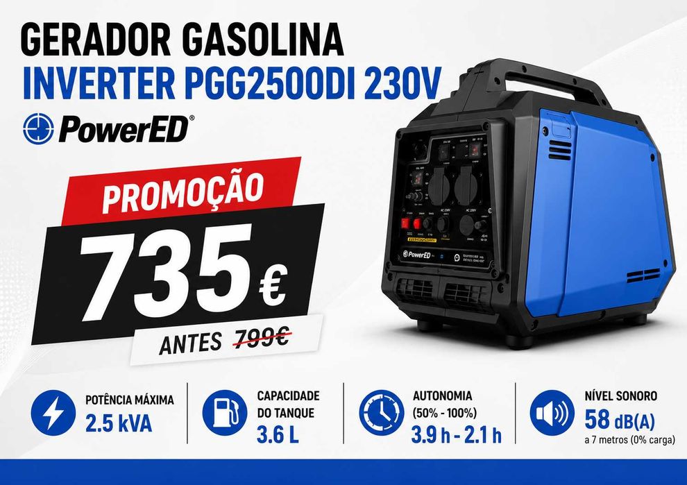 Gerador Inverter Gasolina 2,5 kVA PowerED 230V LL29
