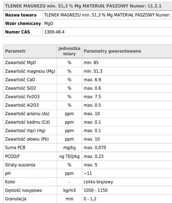 Tlenek magnezu paszowy 85% 25KG/1000kg