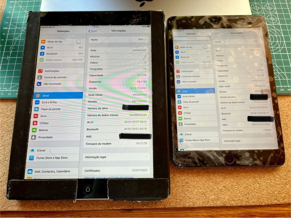 Ipad mini e Ipad 2 com vidros partidos mas a funcionar para peças