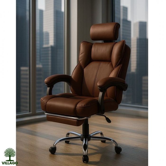 Komfortowy SKÓRZANY fotel biurowy z podnóżkiem regulowany • 2 wersje!