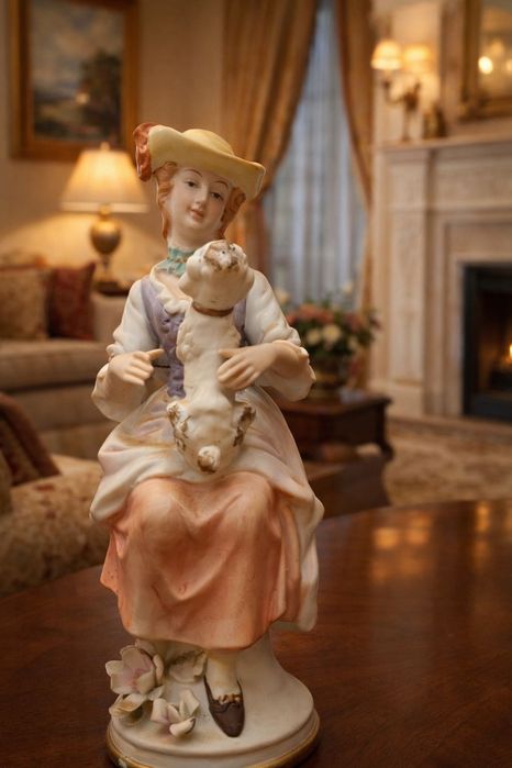 Italia • “Dama con Cane” • Porcellana Biscuit • 22 cm • In Capodimonte