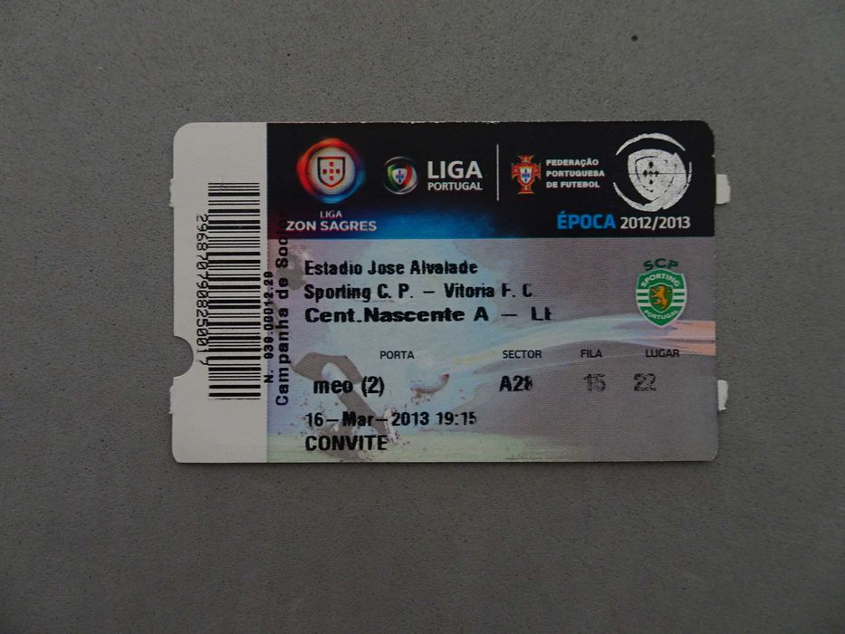 Bilhete antigo futebol Sporting Vitória F. C. Época 2012/2013