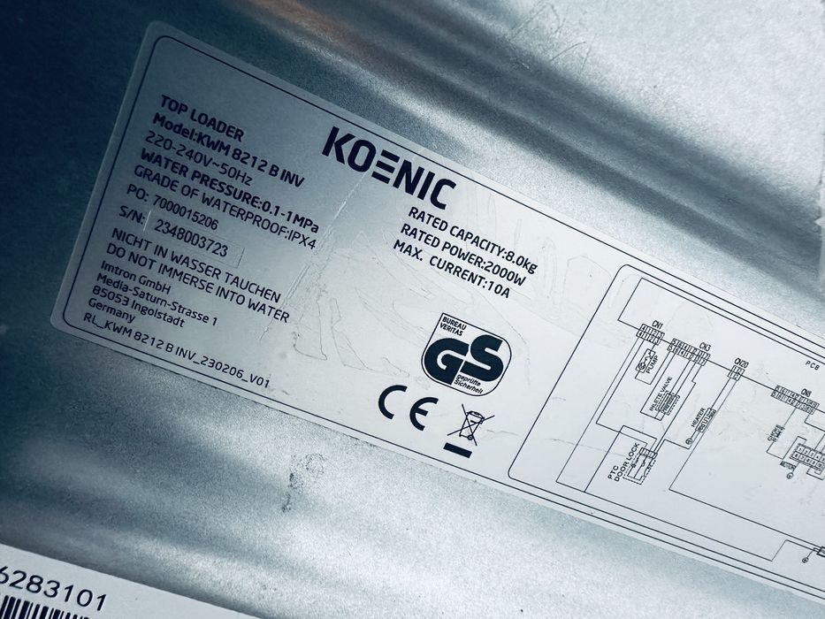 Пральна машина , вертикальна , Koenik 8кг