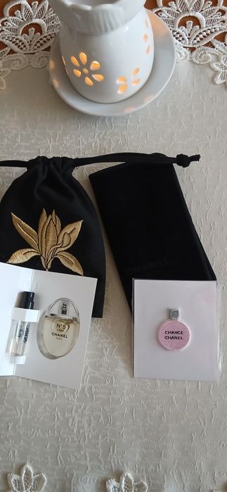 Zestaw chanel naklejka,mini perfumy, etui,i woreczki.