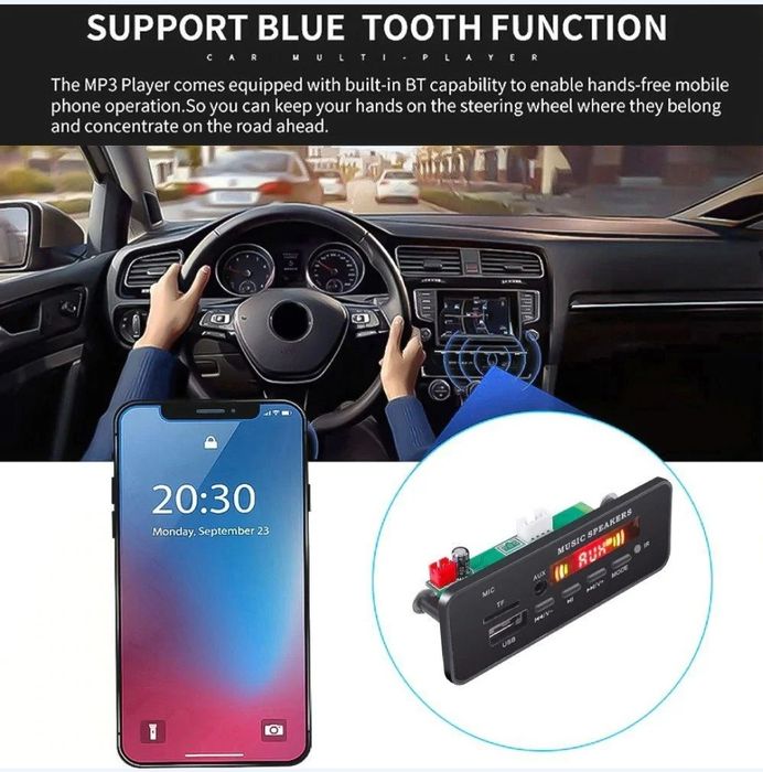 Mp3 модуль з bluetooth 5.0 і мікрофоном, FM радіо, USB, microSD, 5-14V