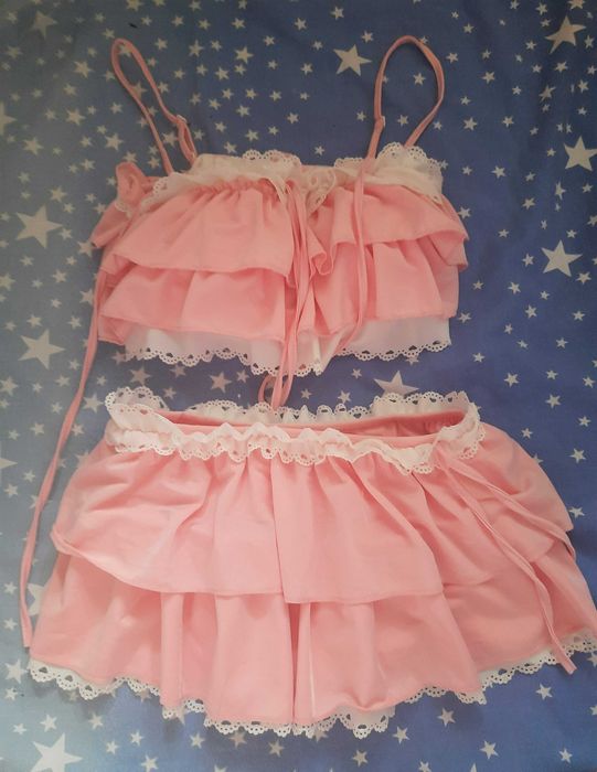 Рожевий роздільний купальник з мереживом і сердечками