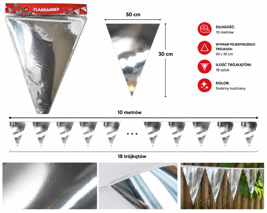 Metaliczna Girlanda Flagowa XL – Srebrna Lustrzana 10 m