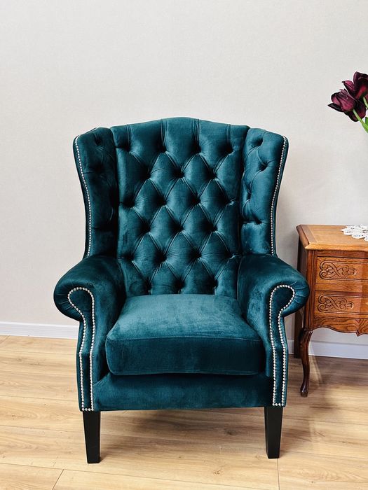 ŚLICZNY fotel uszak w stylu chesterfield w NOWEJ TKANINIE :)