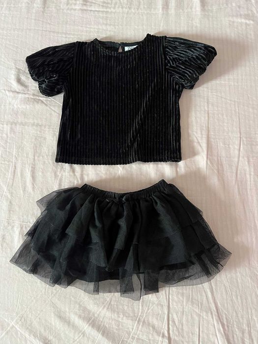 Conjunto Zara preto top veludo e saia tule, bruxinha Halloween 9-12m
