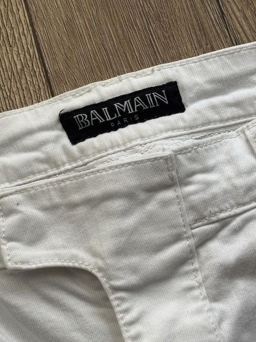 Balmain Biker Jeans White Distressed Pants Slim Fit spodnie