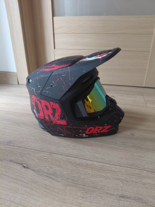 Kask motocyklowy Cross / Enduro ORZ + Gogle lustrzane (Stan  / Nowy)